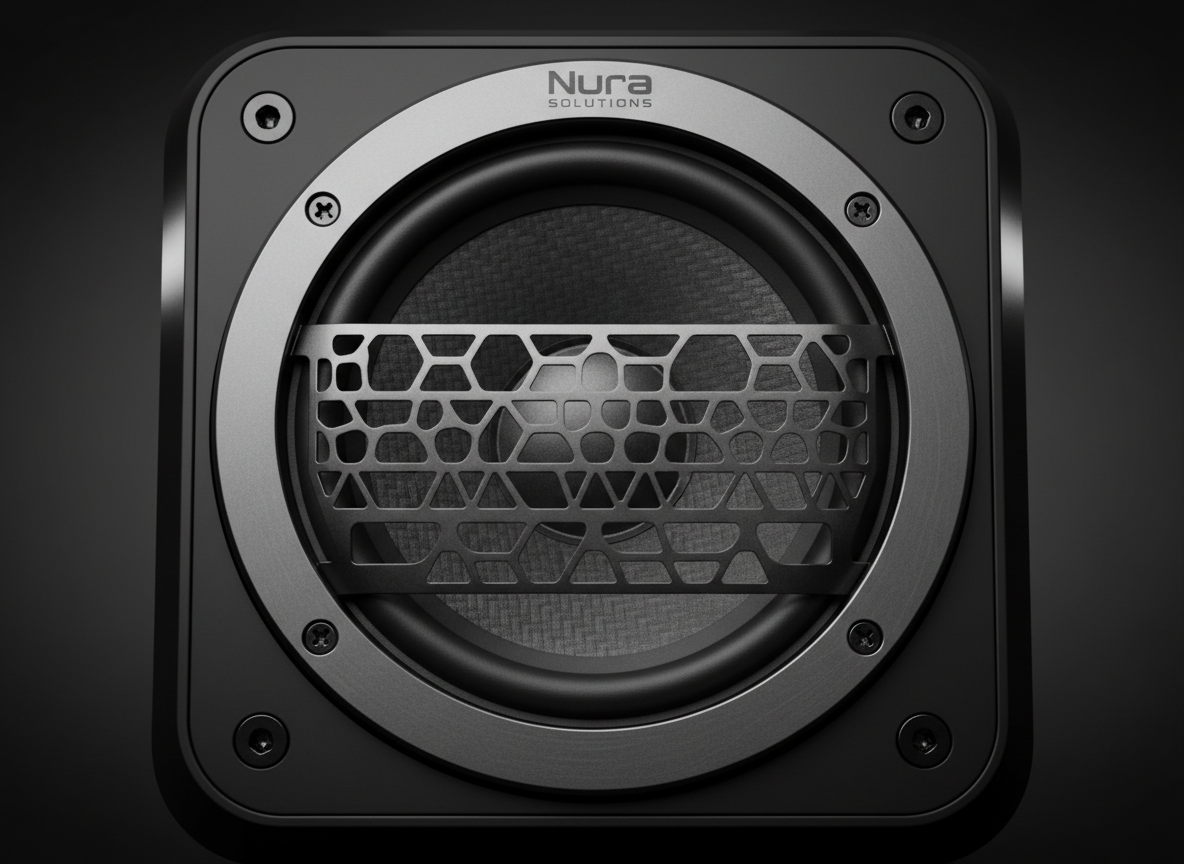 A close-up, hyper-detailed shot of a speaker driver from Nura Solutions, featuring a graphite-colored cone with a subtle woven texture, a precision-machined aluminum surround, and finely perforated metal grille in front. The driver is mounted in a deep matte black enclosure with beveled edges that catch faint highlights. Neutral studio lighting from both sides creates balanced illumination with delicate reflections on the metal and a clean, shadowed vignette around the frame. Photographic realism with a tight, macro composition centered on the driver, background completely out of focus. The mood is technical, sophisticated, and analytical, perfect for a product detail section highlighting engineering and material quality.